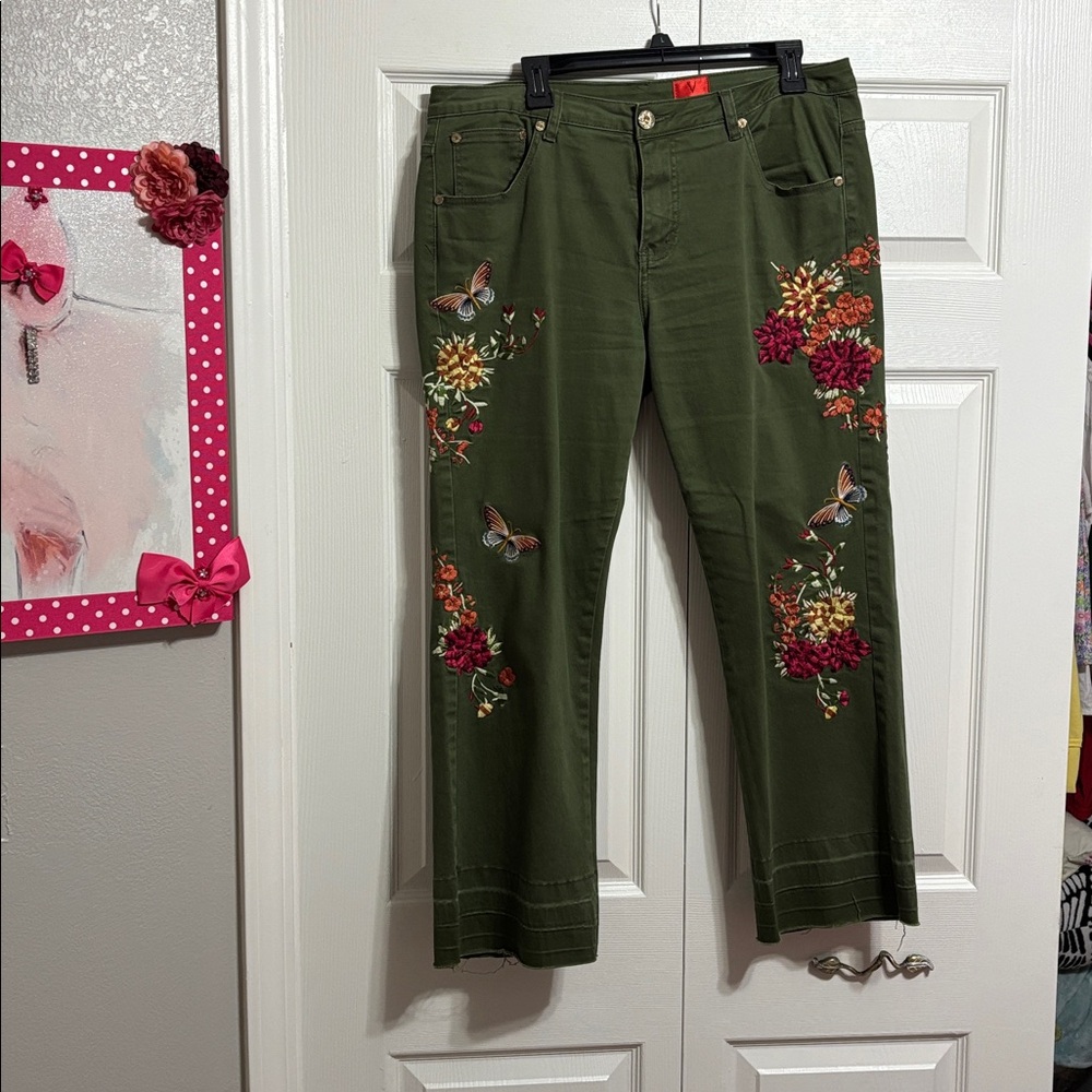 Christina Olive Green Embroidered Jeans